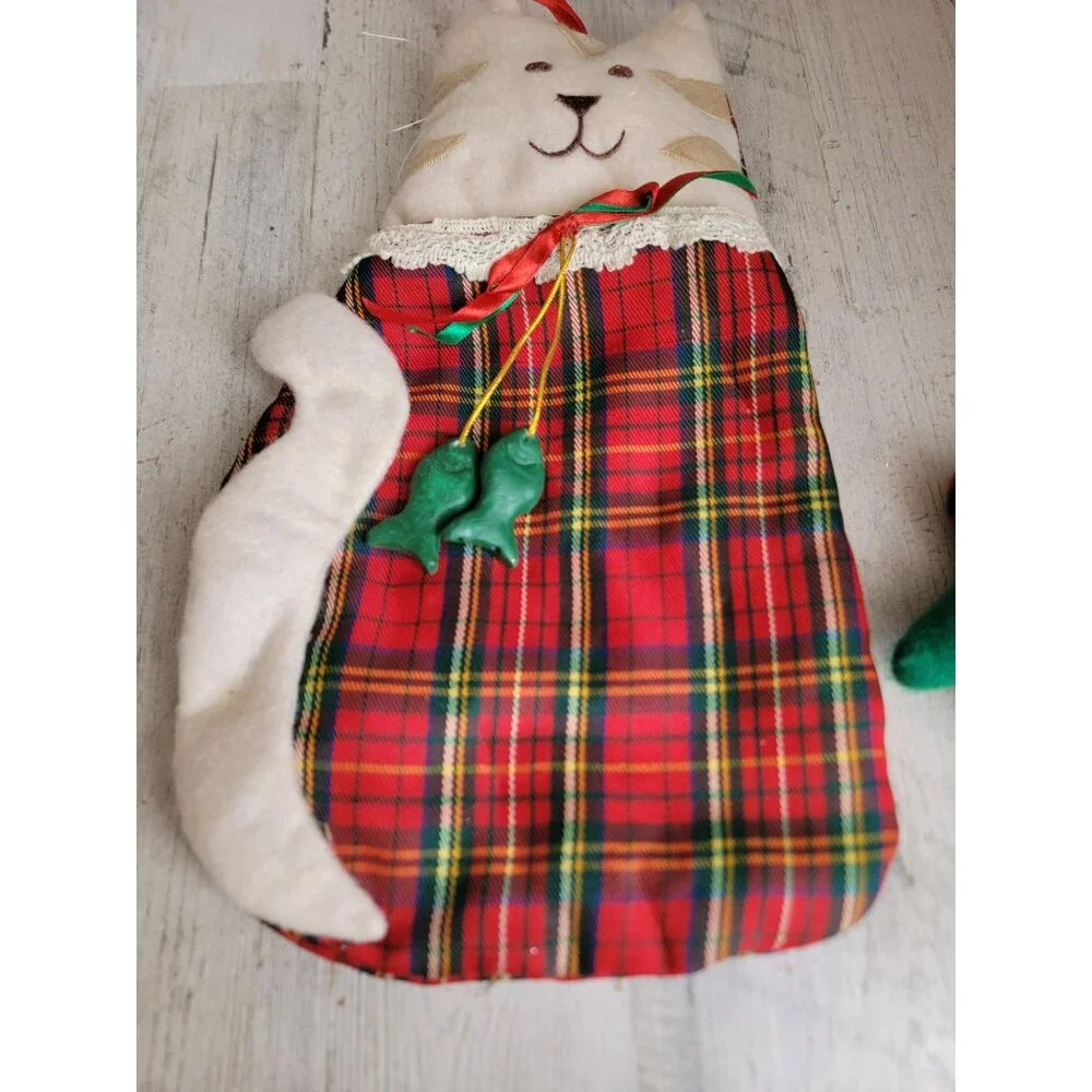 Vintage plush cat stocking Mitten‎ hanging home decor set